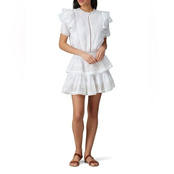 Maia Bergman Mery Dress White Eyelet Lace Mini Flutter Ruffle Layers Medium - Picture 1 of 9